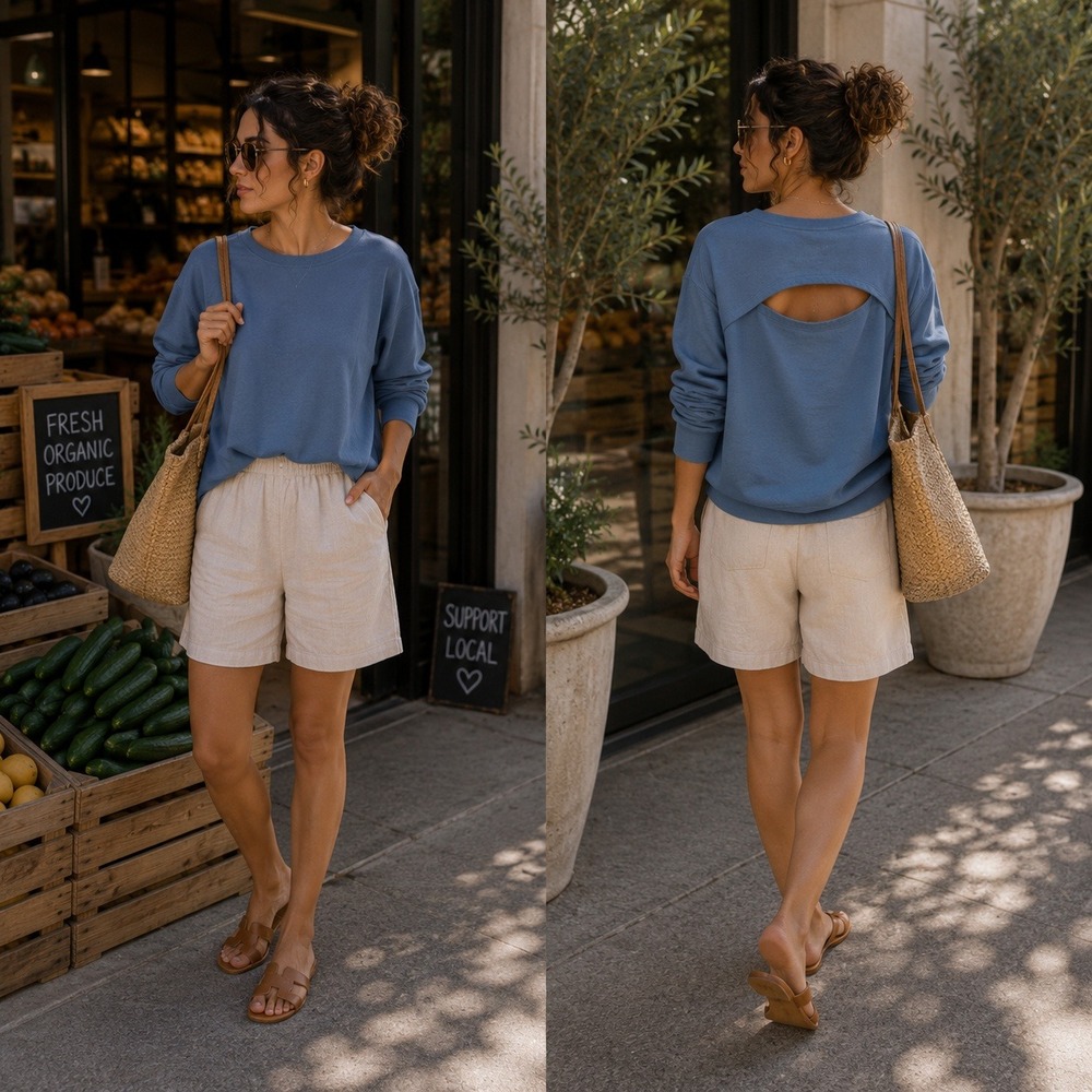 PACT XL Peek-A-Boo Crewneck Sweatshirt Blue Organic Cotton Open Back Pullover